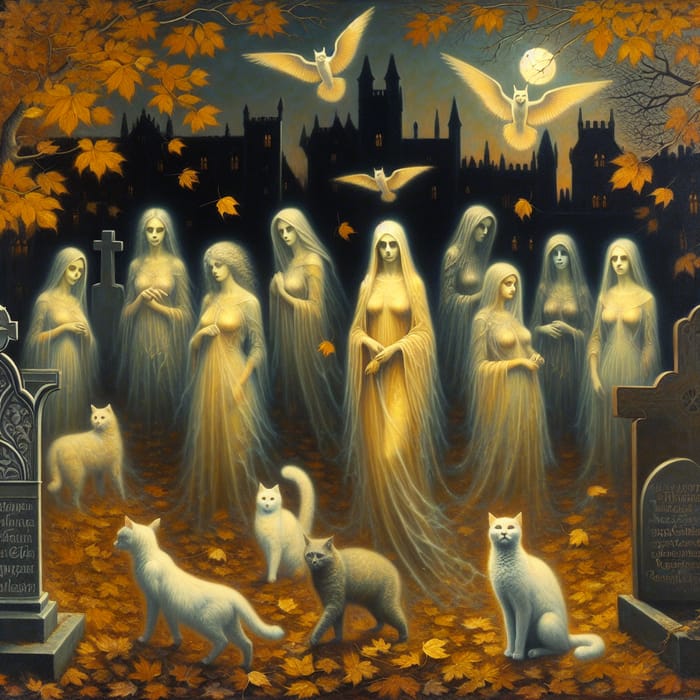 Gothic Painter Depicts Autumn Cemetery at Dusk with Ghostly Women and White Cats