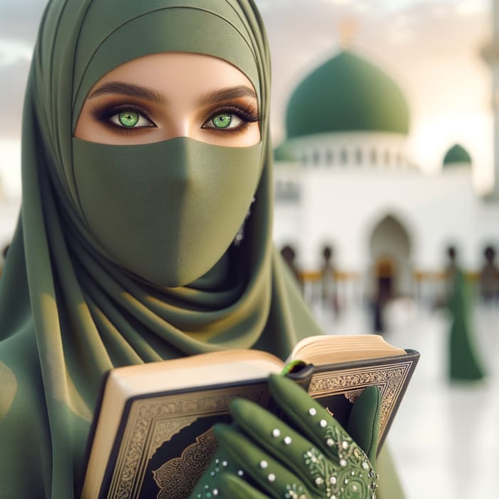 Elegant Muslim Woman in Green Niqab with Open Quran