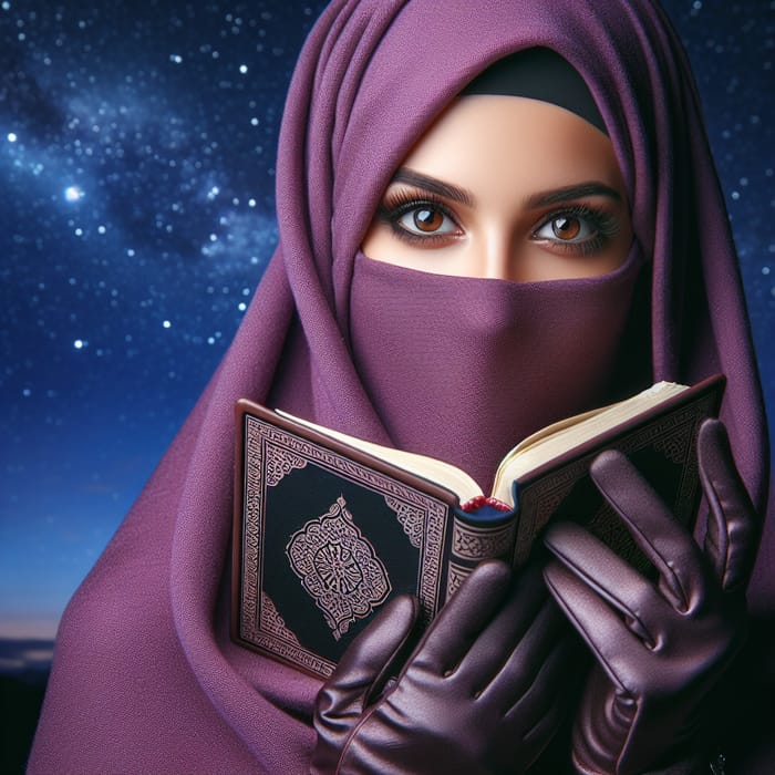 Starry Night Muslim Woman: Striking Eyes, Open Quran