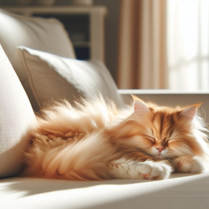 Contented Orange Cat Napping on White Couch