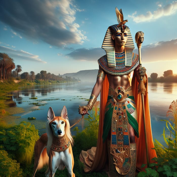 Intricately Dressed Pharaoh with Saluki Dog by the Nile