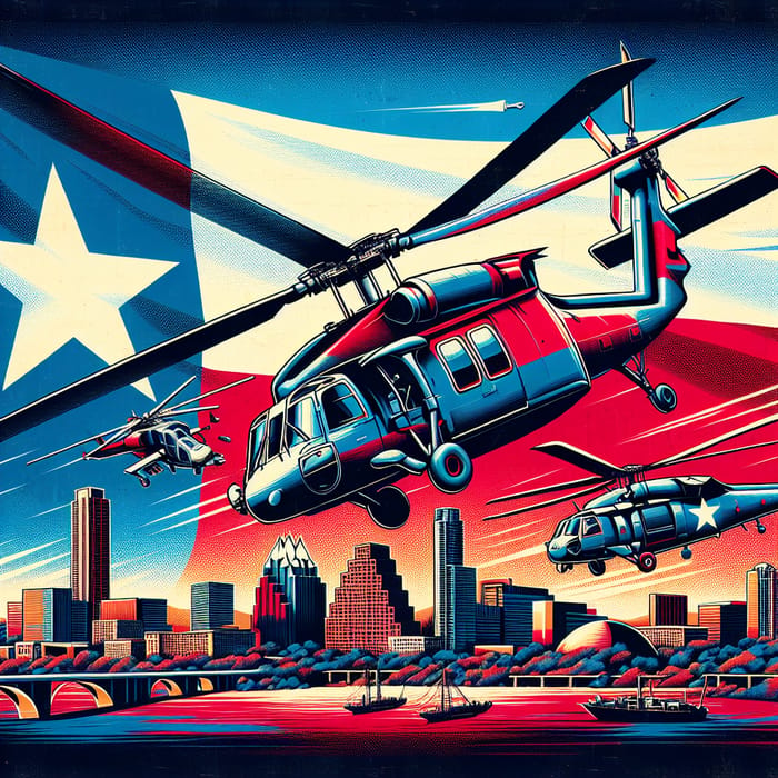 Texas Flag with Austin Capital and Military Helicopters