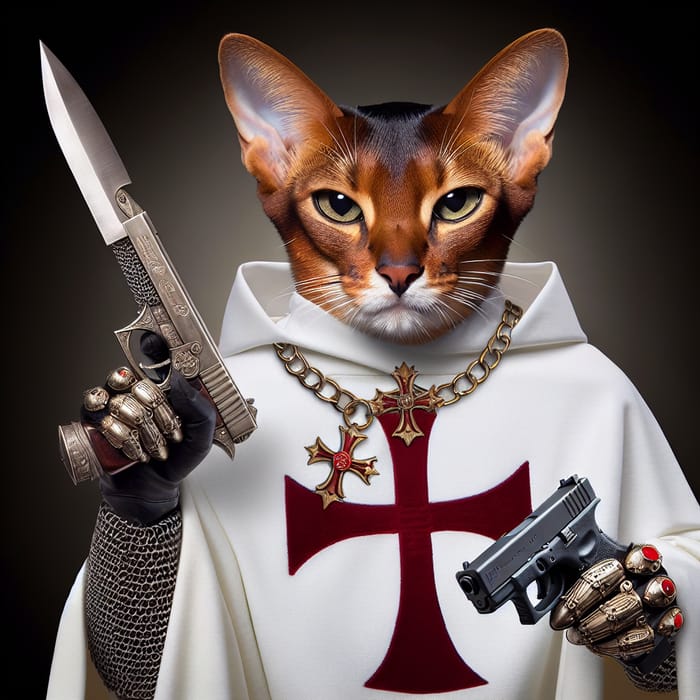 Abyssinian Cat in Chain Armor with Sword and Gun