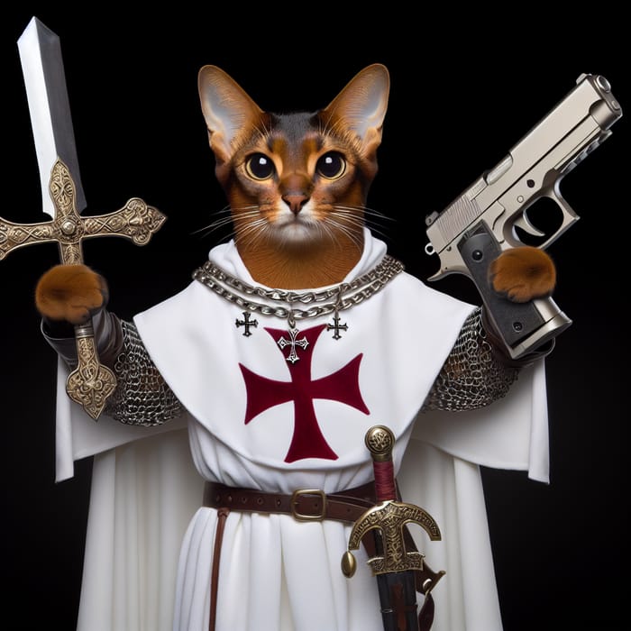 Abyssinian Cat in Chain Armor with Templar Cape: Sword & Gun Master