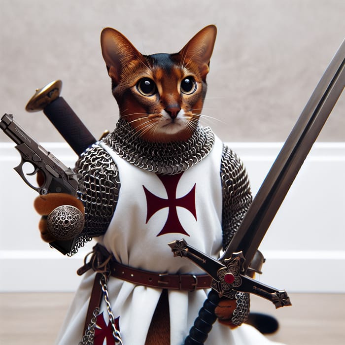 Abyssinian Cat in Chain Armor with Templar Cape and Weapons