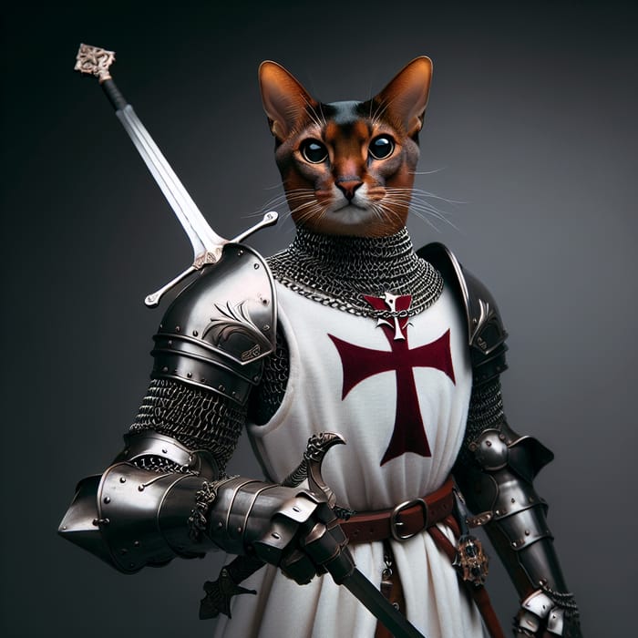 Muscular Abyssinian Cat: Templar Warrior with Sword and Gun