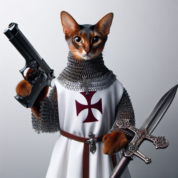 Abyssinian Cat in Chain Armor & Templar Cape with Sword & Gun