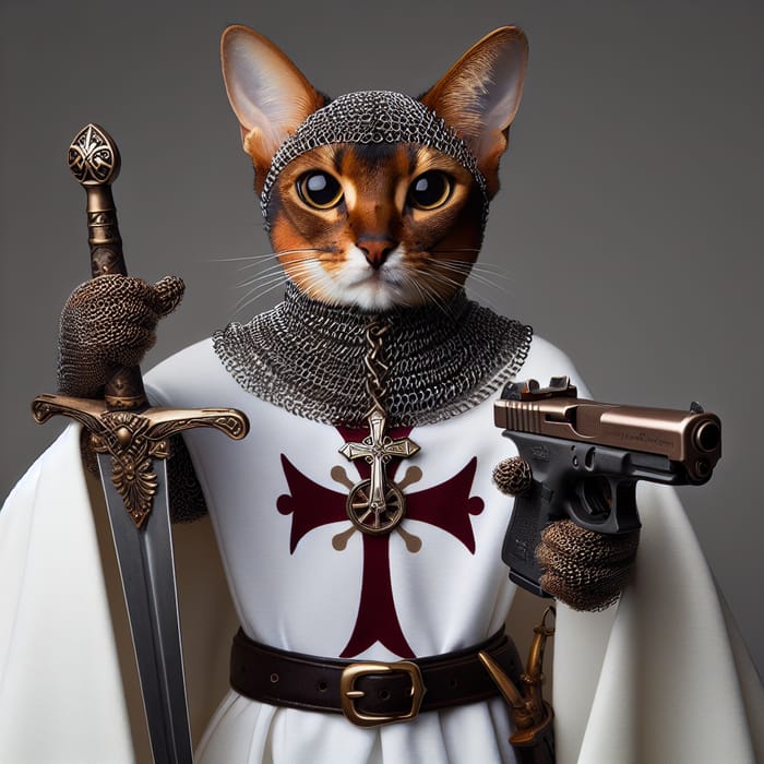 Mighty Abyssinian Cat in Chain Armor with Sword & Gun