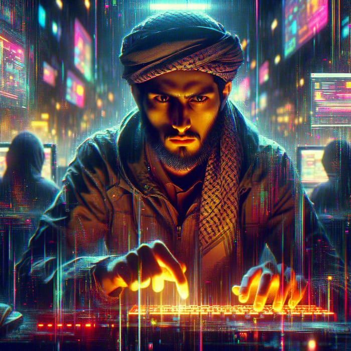 Middle-Eastern Male Hacker in Cyberpunk Aesthetics: Digital Painting with Neon Lights