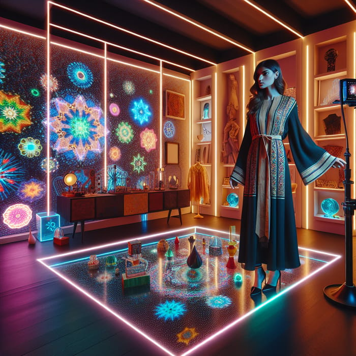 Captivating Neon Room: Luminescent Decor & Stylish Pose