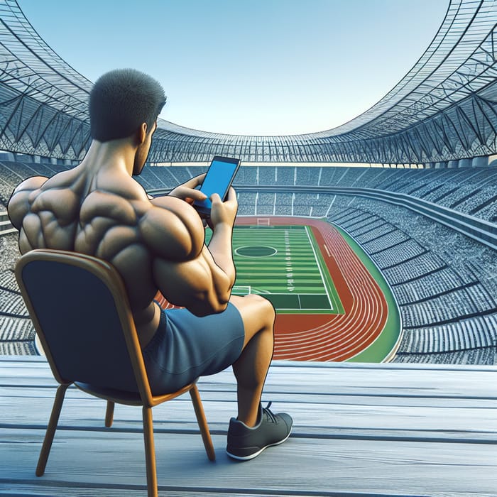 Athletic Man Using Phone in Large Stadium Background