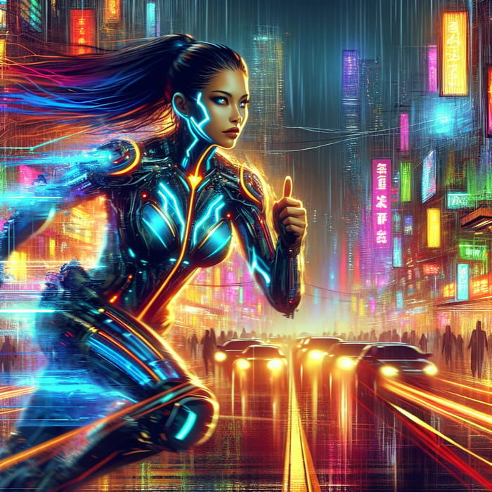 Neon Cyberpunk Cityscape with High-Tech Woman in Vibrant Night Lights