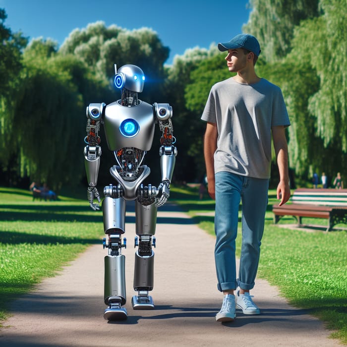 Robot Walking in Serene Park with Companion