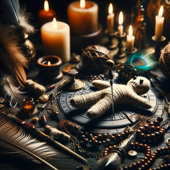 Enigmatic Voodoo Ritual: Doll, Needle & Mystical Elements