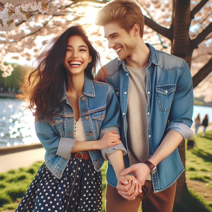 Multicultural Couple Laughing Under Cherry Blossom Tree