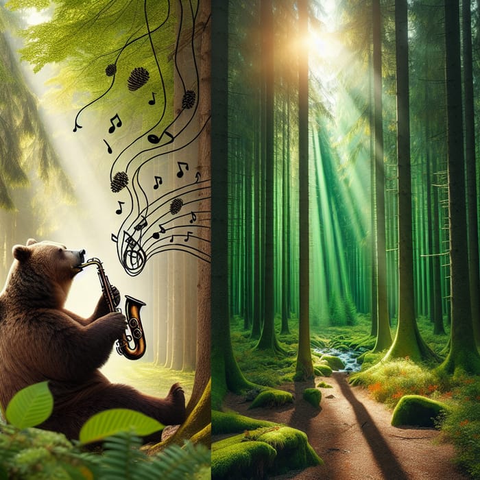 Tranquil Brown Bear Playing Saxophone in Lush Green Forest