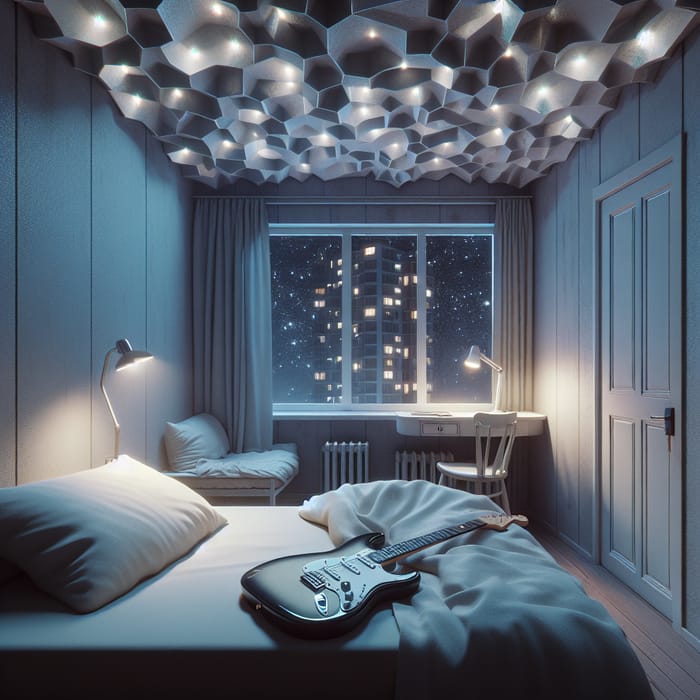 Unusual Apartment with Silverburst Guitar, Stars at Night