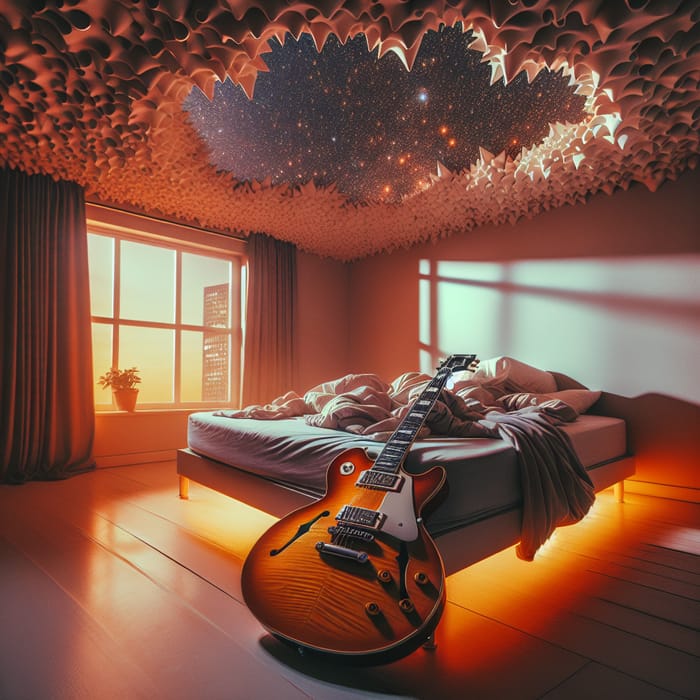 Cozy Nighttime Apartment with Unique Ceiling Design and Guitar