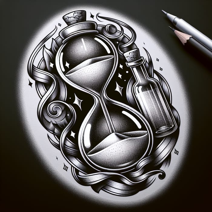 Intricate Hourglass and Bottle Tattoo Design: Symbolizing Time and Materiality