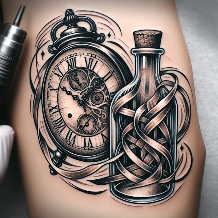 Vintage Clock and Bottle Tattoo Design | Timepiece & Glass Art