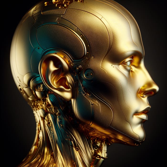 Profile View of Hyper Realistic Human Head in Golden Statue Costume