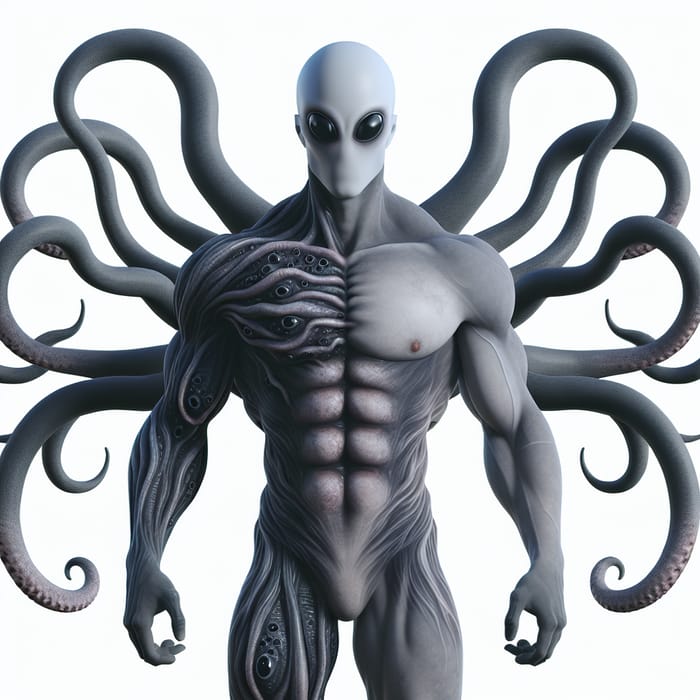 Striking Humanoid Monster with Ink-Black Eyes and Gray Tentacles
