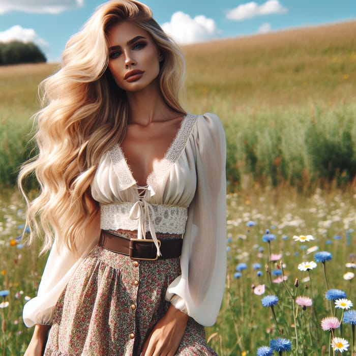 Blonde Woman with Flowing Hair in Fashionable Outfit | Meadow Wildflowers