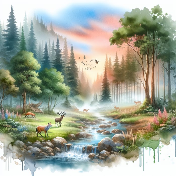 Natural Watercolor: Tranquil Forest & Wildlife Harmony