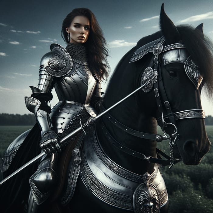 Caucasian Female Warrior on Majestic Horse in Battle Armor