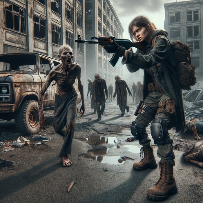 Courageous Female Survivor Battles Undead in Post-Apocalyptic Setting