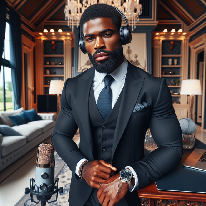 Attractive Black Man Podcasting in Stylish Villa