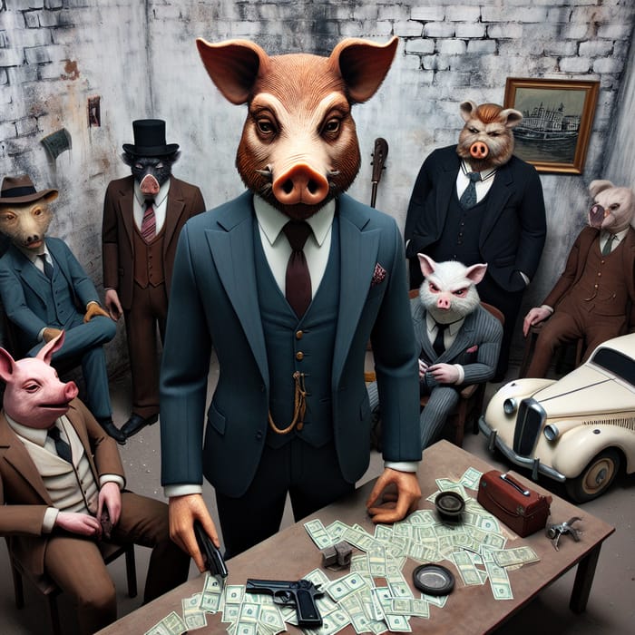 Animal Gangster Pig at Underground Meeting Scene