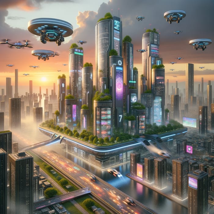 Futuristic Cityscape - Drones, Hovercraft, and Neon Signs