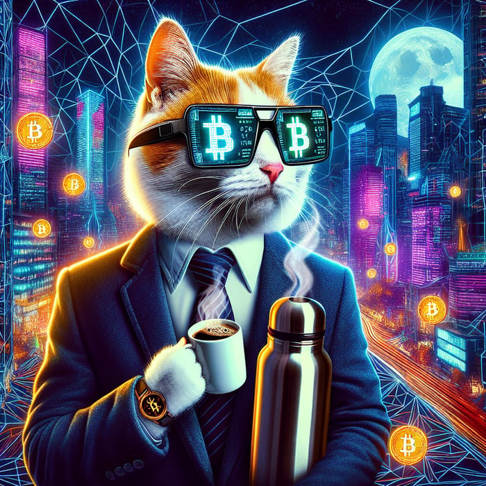 Crypto Cat Sips Coffee in Cyber City | Night Background