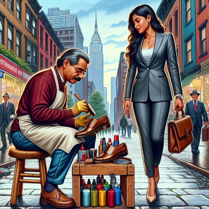 Vibrant Street Scene: Shoe Cleaner & Business Executive Interaction
