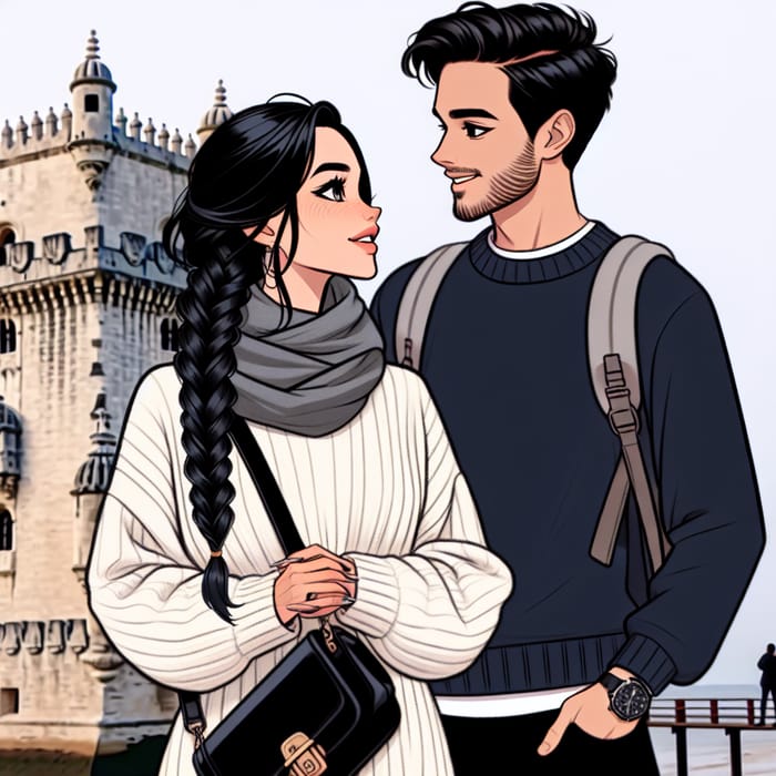 Animated Scene: Black-Haired Woman with Long Braid & Smiling Man in Lisbon