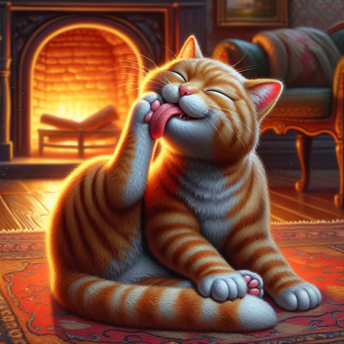 Adorable Orange Tabby Cat Grooming | Cozy Fireplace Setting