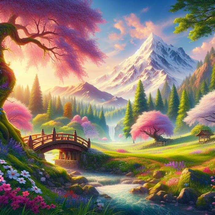 Anime Landscape with Snow-Capped Mountain and Enchanted Forest