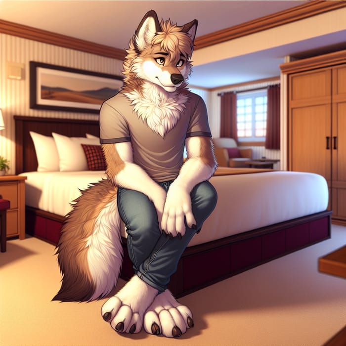 Furry Female Wolf Sitting in Bedroom | Tranquil Scene