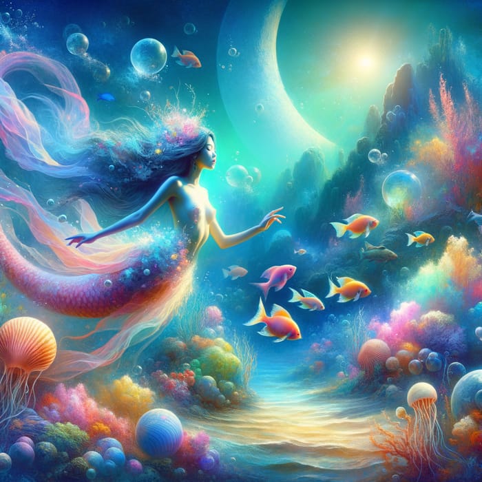 Whimsical Underwater Mermaid Fantasy with Vibrant Marine Life