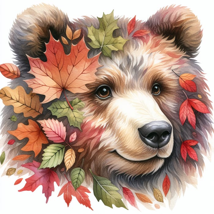 Cute Bear Head Watercolor with Leaves Print for Children