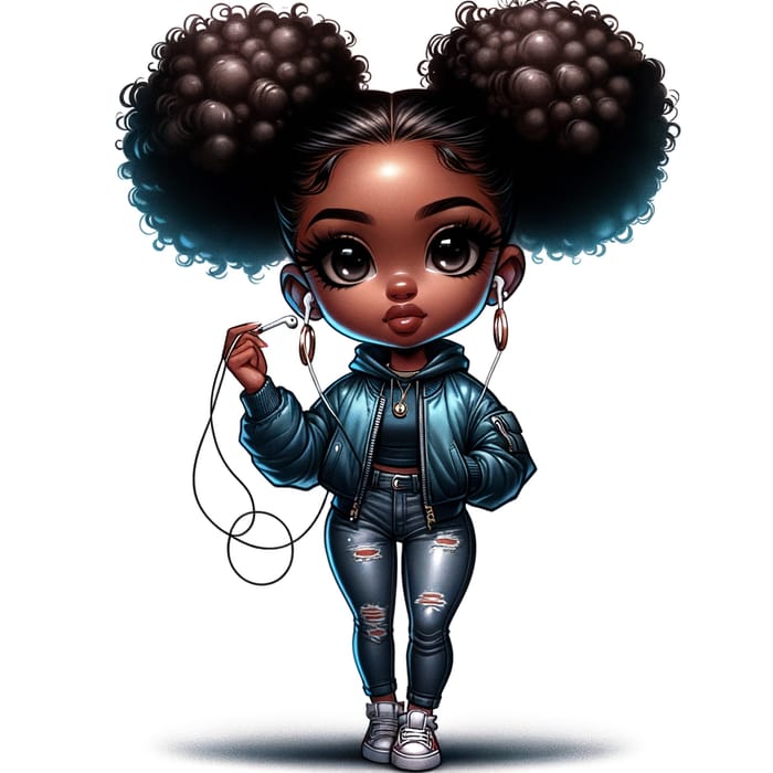Airbrush Cartoon Chibi African American Woman in Bomber Jacket