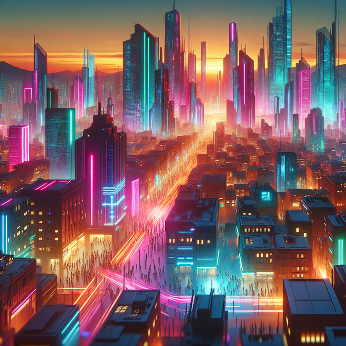 Neon Cyberpunk Cityscape at Sunset | Vibrant Colors & Glowing Effects
