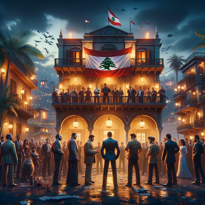 Realistic Portrayal of Lebanon Mafia Scene with Flag and Strong Aesthetic Elements