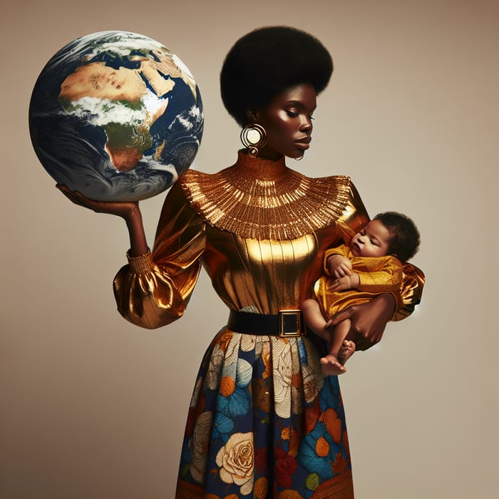 Empowering Black Woman in Gold Modern Outfit with World and Baby