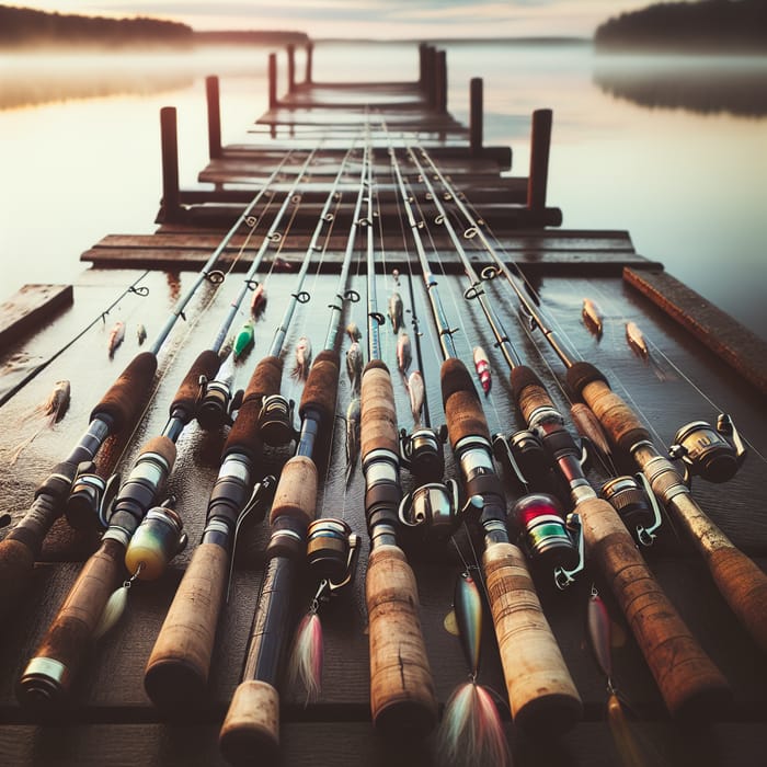 Idyllic Fishing Scene with Vintage Rods | Tranquil Fishing Adventure