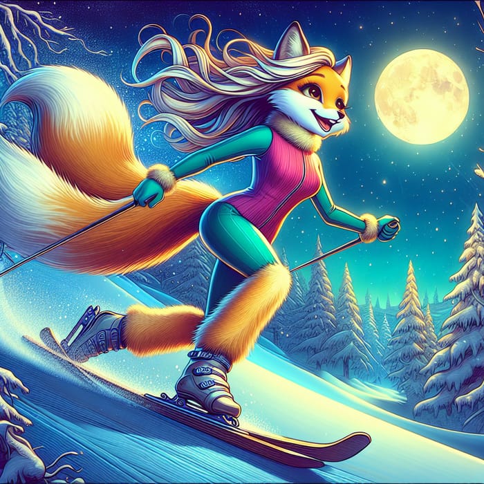 Charming Female Fox with Long Hair Skiing in Snow | Whimsical Fantasy Art