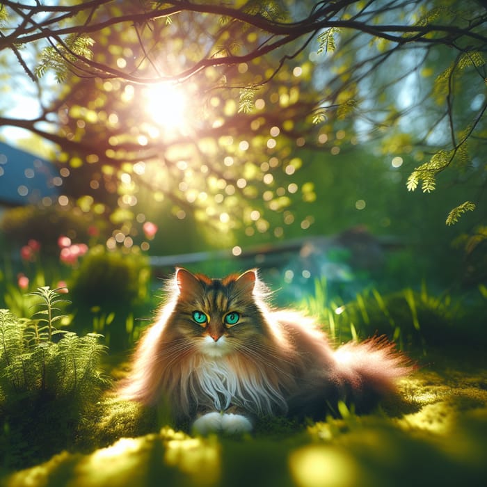 Tranquil Daytime Scene with Fluffy Domestic Cat - Nature's Serenity