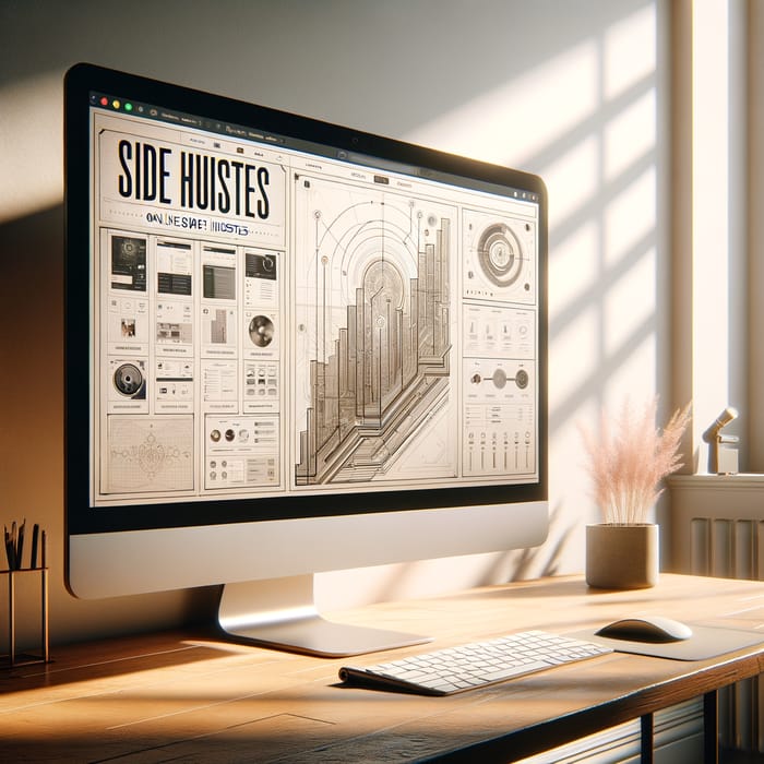 Sleek Home Office with Online Side Hustles Display