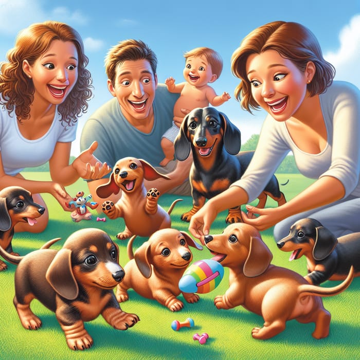 Cute Dachshund Puppies Playing with Family